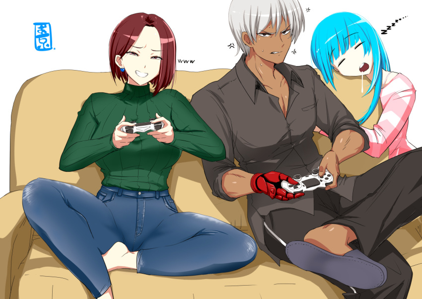 1boy 2girls angry blue_eyes brown_hair controller couch dark-skinned_male dark_skin denim game_controller gamepad highres jeans k'_(kof) kula_diamond multiple_girls okyou pants playing_games short_hair sleeping slippers smug sweater the_king_of_fighters whip_(kof) white_hair