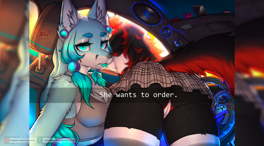 anthro bent_over black_body black_fur blue_body blue_eyes blue_fur bottomwear breasts camel_toe canid canine canis car cleavage clothed clothing crop_top duo female fur he_wants_to_order hi_res inner_ear_fluff inside_car legwear mammal meme nnecgrau panties selfie shirt sitting skirt stereo tail thigh_highs topwear tuft underwear vehicle white_body white_fur wolf