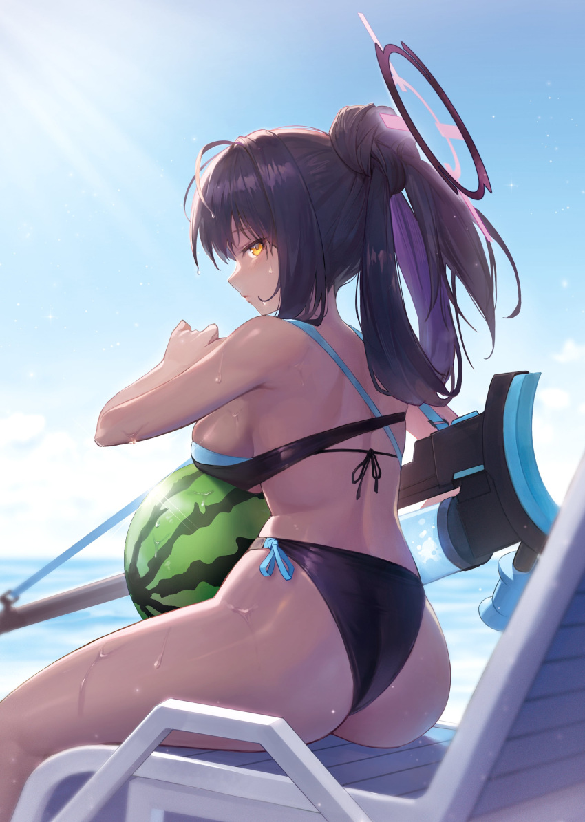 1girl absurdres ahoge angcha ass ball beach_chair beachball bikini black_bikini black_hair blue_archive breasts dark-skinned_female dark_skin gun hair_bun hair_rings halo highres karin_(blue_archive) large_breasts looking_at_viewer looking_back median_furrow multicolored_hair outdoors profile purple_hair rifle sideboob single_hair_bun sitting sniper_rifle solo sweatdrop swimsuit watermelon_beachball weapon yellow_eyes