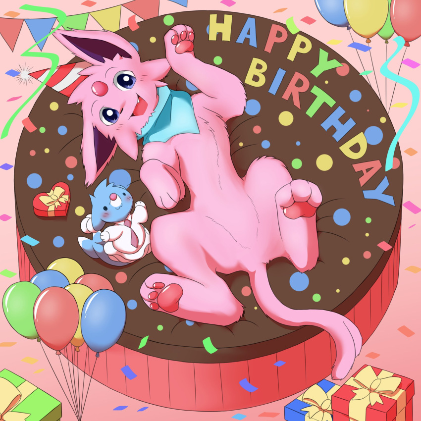 1:1 2021 3_fingers 3_toes balloon bed black_nose clothing cute_fangs dessert doughnut eeveelution espeon feet feral fingers food fur furniture generation_2_pokemon gift happy_birthday hat headgear headwear hi_res inflatable inner_ear_fluff looking_at_viewer lying male nintendo on_back open_mouth party_hat pawpads paws pink_body pink_fur plushie pokemon pokemon_(species) purple_eyes ribbons scarf simple_background solo toes tongue toy tuft unknown_artist