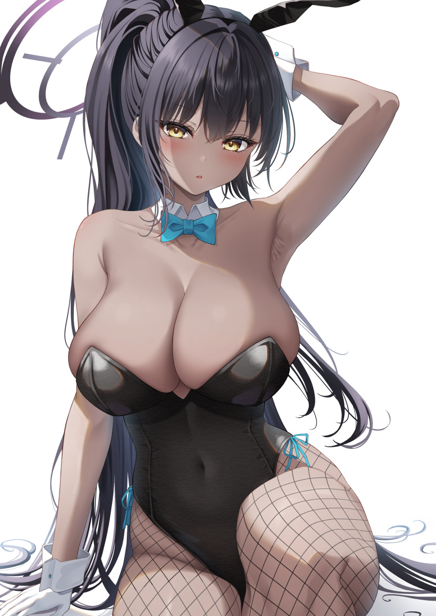 1girl absurdres animal_ears arm_up armpits bare_shoulders black_hairband black_leotard blue_archive blue_bow blue_bowtie bow bowtie covered_navel dark-skinned_female dark_skin detached_collar fake_animal_ears fishnet_pantyhose fishnets gloves hairband halo high_ponytail highleg highleg_leotard highres karin_(blue_archive) karin_(bunny)_(blue_archive) leotard long_hair looking_at_viewer nagi_aoi official_alternate_costume pantyhose parted_lips playboy_bunny rabbit_ears sitting solo very_long_hair white_gloves wrist_cuffs yellow_eyes