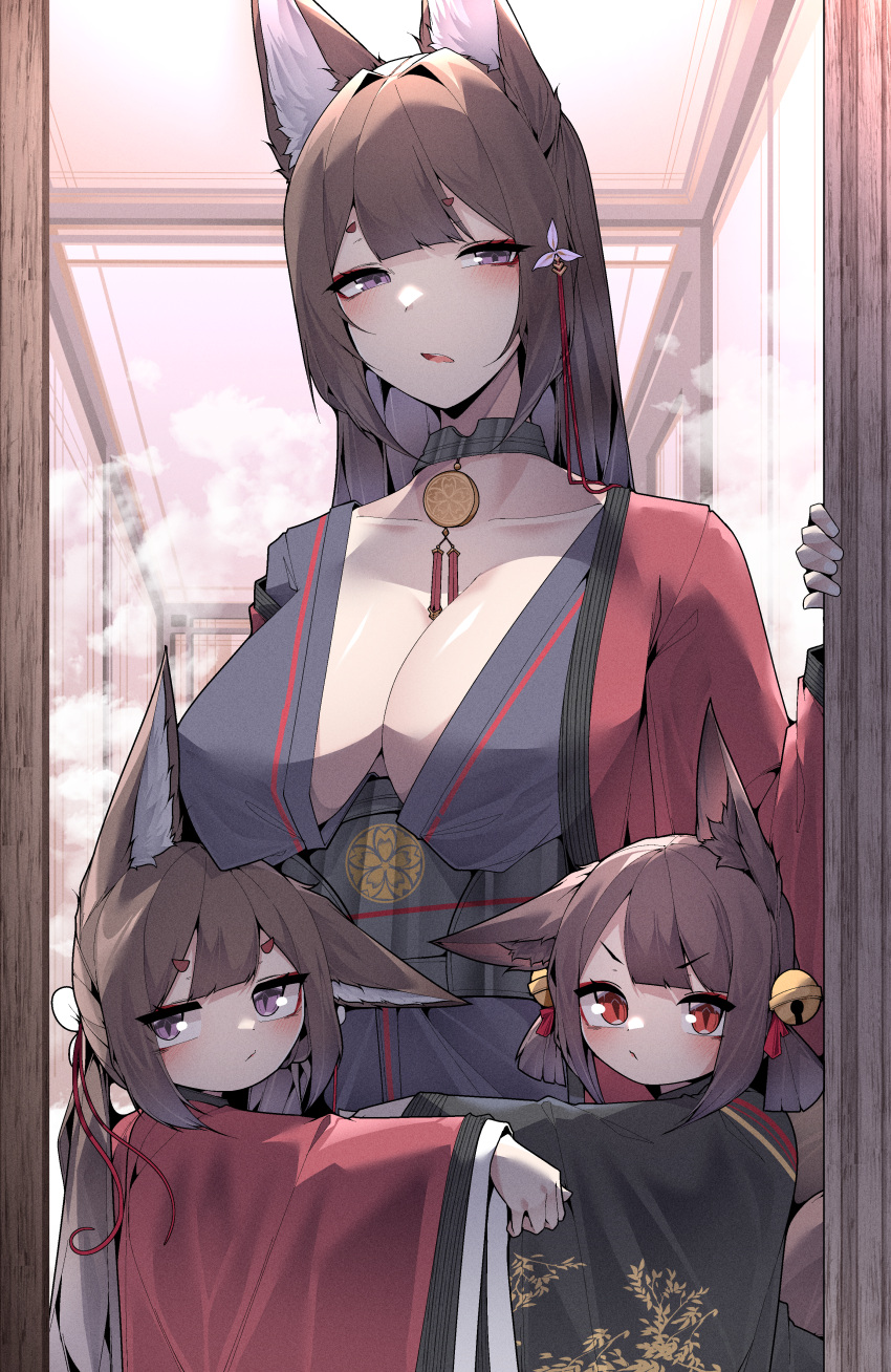 3girls absurdres akagi-chan_(azur_lane) amagi-chan_(azur_lane) amagi_(azur_lane) animal_ears arms_up azur_lane bell black_kimono blush breast_rest breasts breasts_on_head brown_hair cleavage eyeshadow floral_print fox_ears fox_girl fox_tail from_side girl_sandwich hair_bell hair_between_eyes hair_ornament hairpin highres hug indoors japanese_clothes kimono kitsune large_breasts long_hair looking_at_viewer makeup medium_hair multiple_girls multiple_tails no_bra open_mouth orange_eyes purple_eyes red_eyeshadow red_kimono samip sandwiched slit_pupils tail very_long_hair wide_sleeves