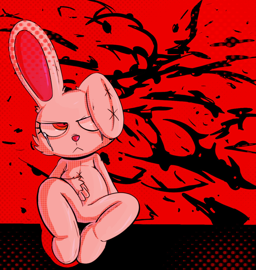 2023 2spot_studio anthro bloody_bunny bloody_bunny_(series) bodily_fluids female hi_res lagomorph leporid lizardfungus mammal rabbit red_eyes red_theme solo stitch_(sewing) tagme tears white_body