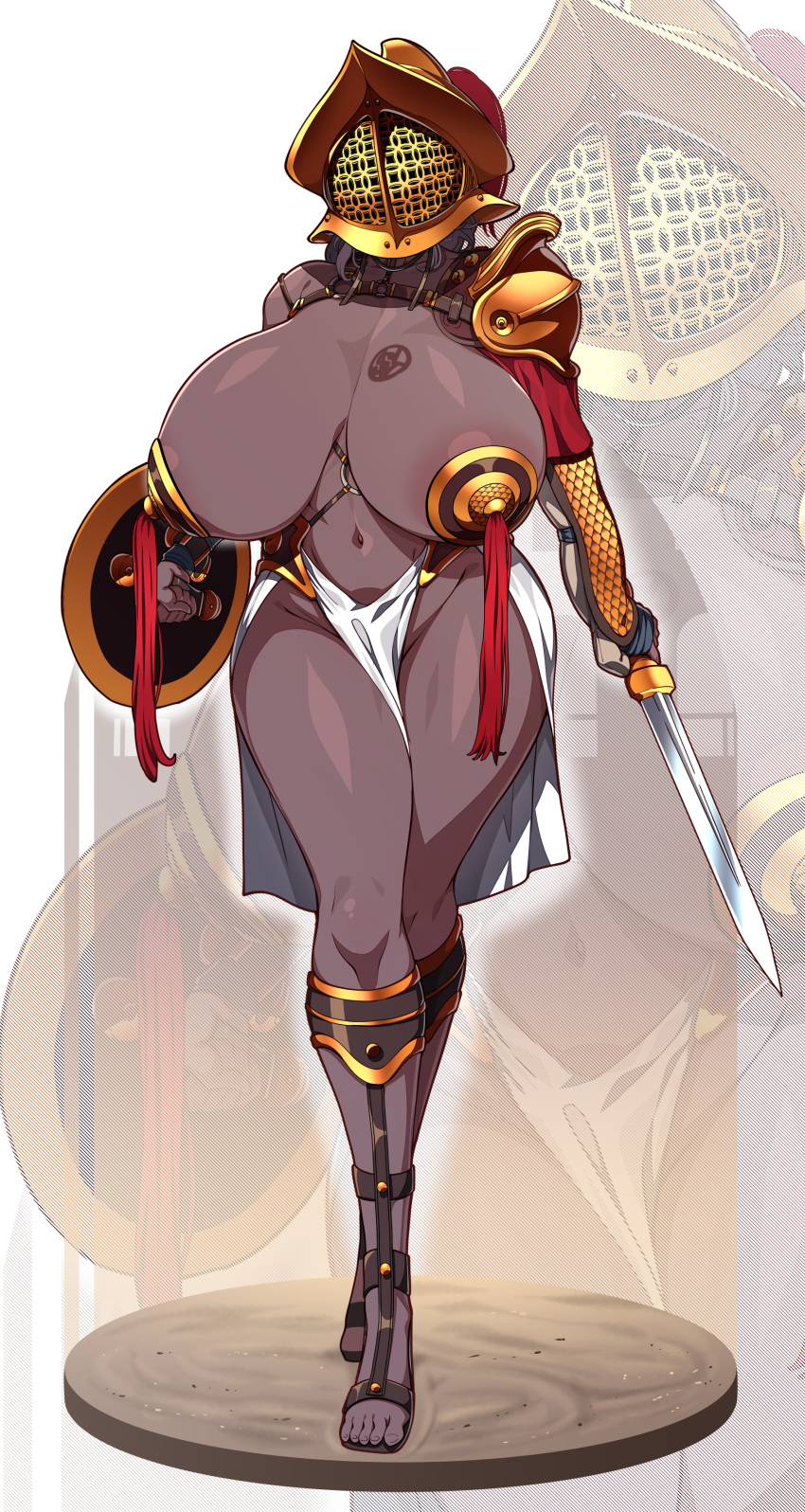 1girl absurdres arm_armor armor asymmetrical_armor branded breasts dark-skinned_female dark_skin full_body gladiator gladius grey_hair helmet highres holding holding_shield holding_sword holding_weapon huge_breasts konoshige_(ryuun) medium_hair navel original pauldrons pelvic_curtain sandals shield shoulder_armor single_pauldron sword weapon zoom_layer