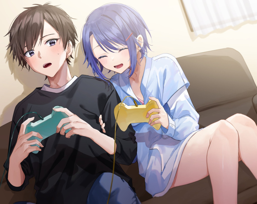 1boy 1girl ^_^ arm_grab black_eyes black_shirt blue_hair blue_pants blue_shirt blush brown_hair chigusa_minori closed_eyes collarbone commentary_request controller couch dutch_angle game_controller hair_ornament hairclip highres himeno_akira holding holding_controller holding_game_controller indoors jitsuha_imouto_deshita. long_sleeves lower_teeth_only majima_ryouta official_art on_couch open_mouth overshirt pants shirt short_hair sidelocks sitting smile sweatdrop teeth upper_teeth_only white_shirt