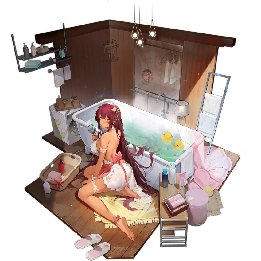 1girl ankle_ribbon anklet apron armband artist_request ass back backless_outfit barefoot basket bath bathtub blush breasts bridal_garter cat_hair_ornament ceiling_light character_doll check_artist closed_mouth clothes_hanger dark-skinned_female dark_skin earrings fangdan_runiu faucet faux_figurine feet full_body girls'_frontline hair_between_eyes hair_ornament hair_ribbon highres holding holding_shower_head indoors jewelry kneeling lampshade large_breasts leg_ribbon legs light_bulb light_particles long_hair looking_at_viewer looking_back negligee official_alternate_costume official_art on_floor pearl_hair_ornament pink_apron pink_ribbon purple_hair ribbon rug saiga-12_(cleansing_waves_in_shallow_pool)_(girls'_frontline) saiga-12_(girls'_frontline) shelf shower_head sideboob sitting slippers smile soap_dispenser soles solo sparkle sticky_note third-party_source toes toothbrush towel towel_rack transparent_background trash_can unworn_slippers very_long_hair washing_machine water white_armband white_footwear white_negligee white_wrist_cuffs wooden_floor wooden_wall wrist_cuffs yellow_eyes yellow_ribbon yokozuwari