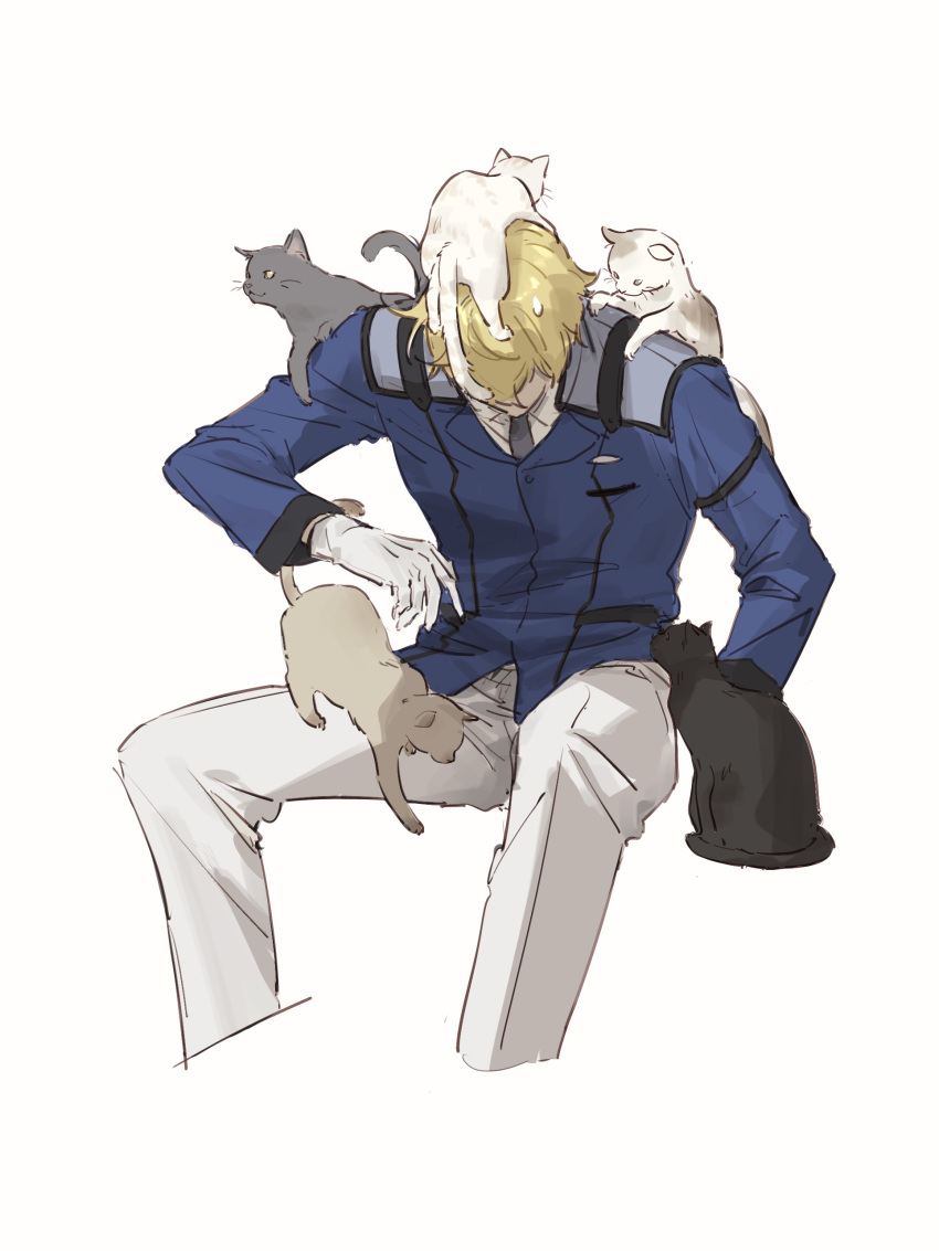 absurdres animal animal_on_head animal_on_lap animal_on_shoulder black_cat blonde_hair blue_jacket cat collared_shirt commentary_request gloves graham_aker grey_cat grey_necktie gundam gundam_00 head_down highres invisible_chair jacket long_sleeves nanao_parakeet necktie on_head on_lap open_mouth pants petting shirt short_hair simple_background sitting very_short_hair white_background white_cat white_gloves white_pants white_shirt