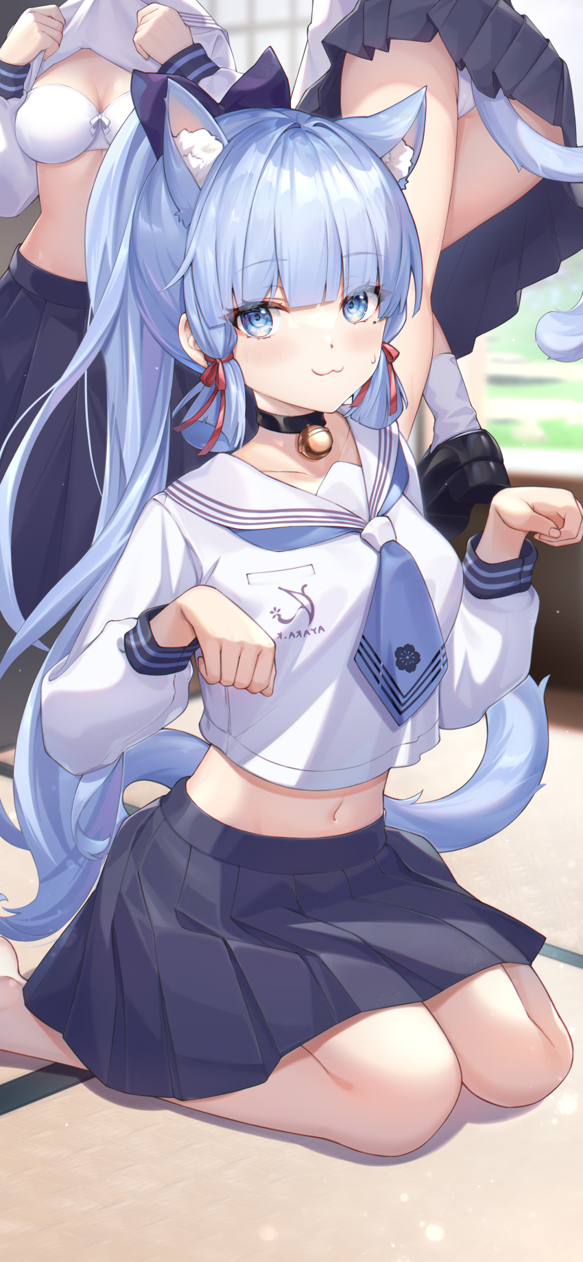 1girl :3 absurdres alternate_costume animal_ears bare_legs bell black_choker black_skirt blue_eyes bow bra breasts cameltoe cat_ears cat_girl cat_tail choker closed_mouth clothes_lift crop_top crop_top_overhang genshin_impact hair_bow hair_ribbon hands_up highres jingle_bell kamisato_ayaka kemonomimi_mode kuroida lifted_by_self long_hair looking_at_viewer medium_breasts midriff miniskirt mole mole_under_eye multiple_views navel neckerchief panties panty_peek paw_pose pleated_skirt ponytail ribbon sailor_collar school_uniform seiza serafuku shirt shirt_lift sidelocks sitting skirt smile stomach sweatdrop tail thighs tress_ribbon underwear very_long_hair white_bra white_hair white_panties white_shirt