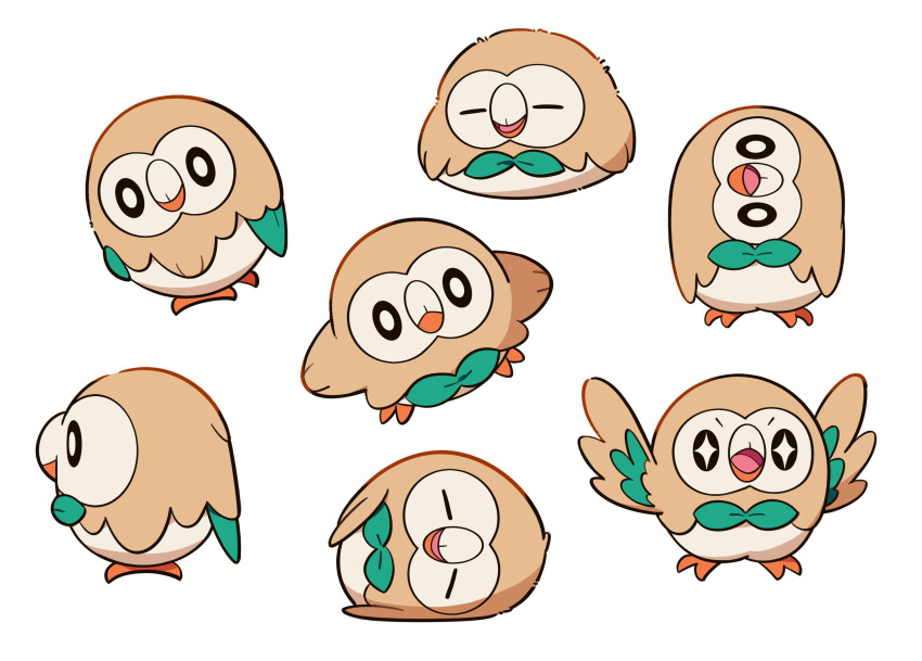 +_+ animal_focus bird black_eyes bright_pupils chueog closed_eyes head_tilt highres looking_at_viewer lying multiple_views no_humans on_side open_mouth pokemon pokemon_(creature) rowlet sleeping tongue white_background white_pupils