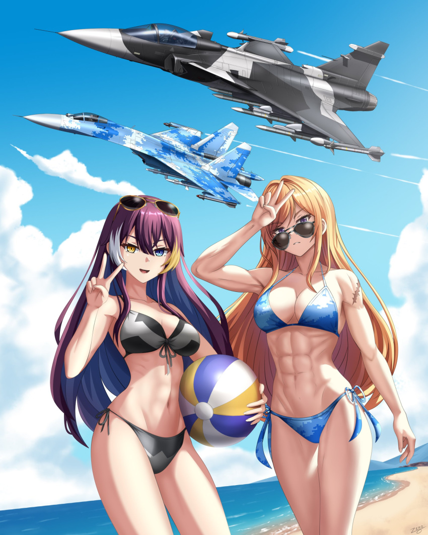 2girls absurdres alina_svard_kovalenko_(laotianaviator) aviator_sunglasses ball beach beachball bikini highres midriff multicolored_hair multiple_girls original saab_gripen su-27 sunglasses swimsuit thighs zero_(73ro)