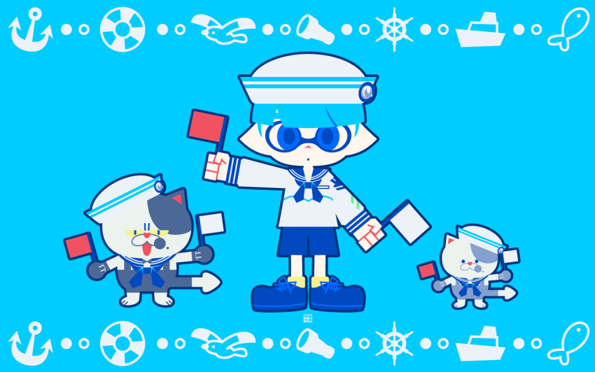 1boy :o anchor bird blue_background blue_eyes blue_footwear blue_sailor_collar blue_shorts boat bowl_cut cat fish flag hat holding holding_flag inkling inkling_boy innertube judd_(splatoon) li'l_judd_(splatoon) long_sleeves male_focus open_mouth pointy_ears sailor sailor_collar sailor_hat sasakinao seagull short_hair shorts splatoon_(series) telescope watercraft yellow_eyes