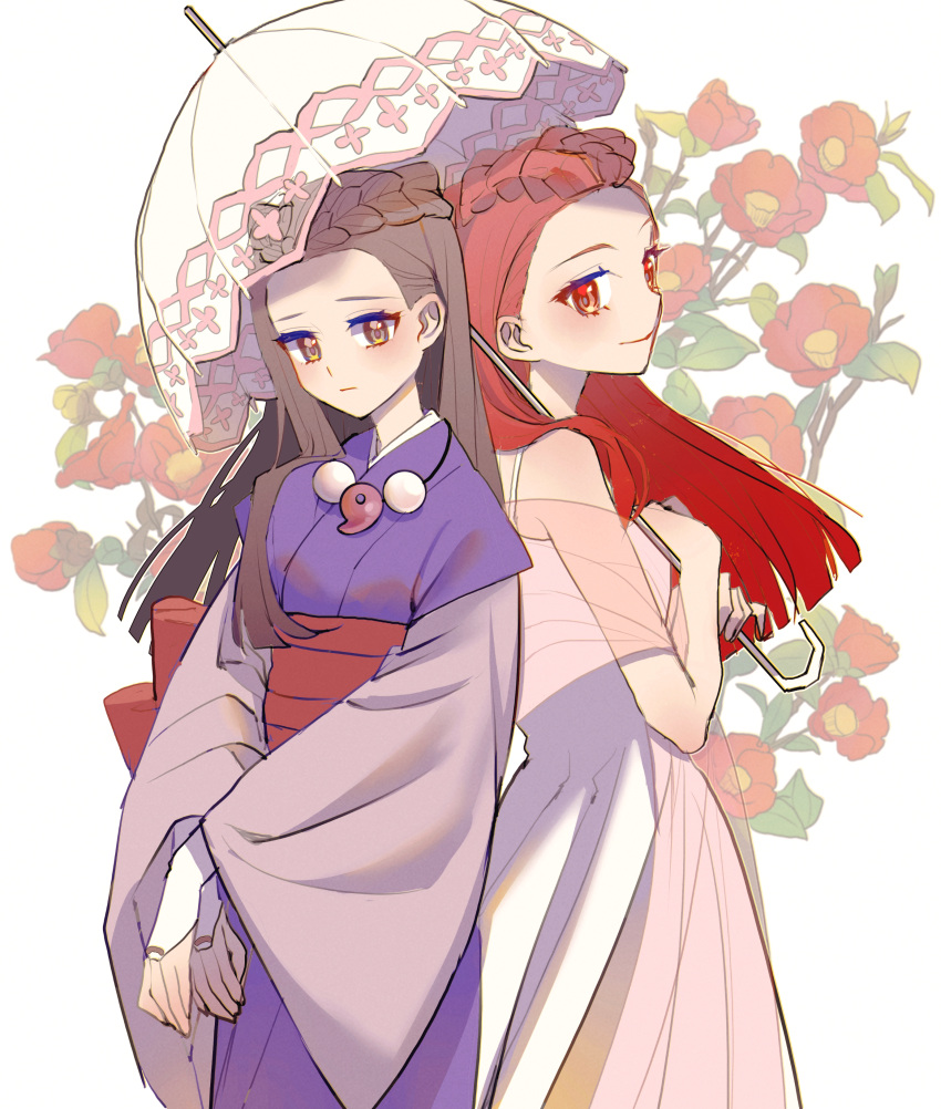 2girls absurdres ace_attorney black_hair blush braid bridal_gauntlets brown_eyes closed_mouth cowboy_shot crown_braid dahlia_hawthorne dress flower hagoromo highres holding holding_umbrella iris_(ace_attorney) japanese_clothes jewelry kimono layered_sleeves long_hair long_sleeves magatama magatama_necklace matching_hairstyle multiple_girls necklace obi pink_shawl purple_kimono red_eyes red_hair red_sash sad sash shawl shocho_(shaojiujiu) short_over_long_sleeves short_sleeves siblings simple_background sisters sleeveless sleeveless_dress smile twins umbrella white_dress