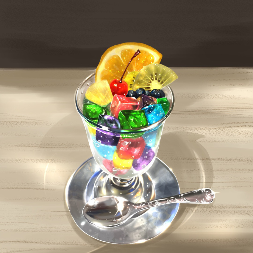 blackberry_(fruit) cherry food food_focus fruit gelatin jelly_punch kiwi_(fruit) kiwi_slice no_humans orange_(fruit) orange_slice original pineapple pineapple_slice spoon still_life tsukimi_tsumugu