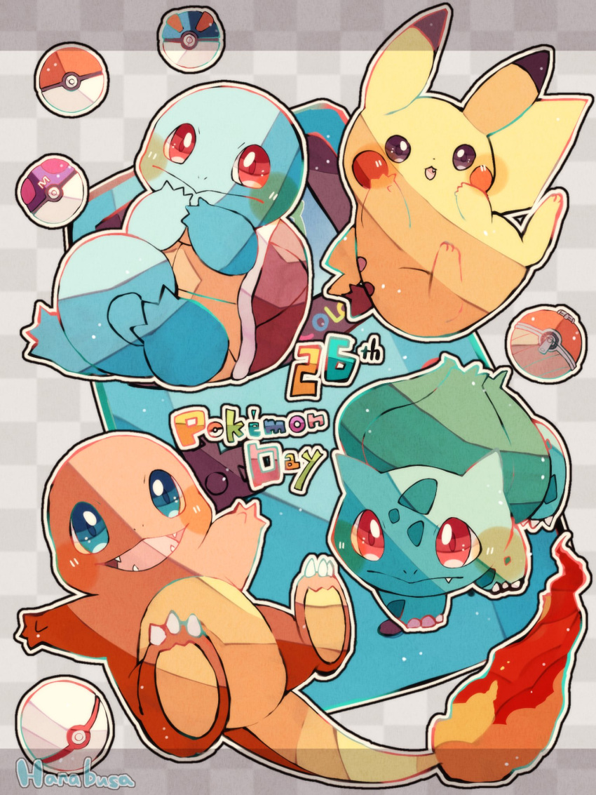 animal_focus blue_eyes blue_skin bulbasaur charmander checkered_background claws colored_skin commentary_request copyright_name fangs fire game_boy great_ball green_skin grey_background hanabusaoekaki handheld_game_console highres letterboxed master_ball no_humans open_mouth pikachu poke_ball poke_ball_(legends) pokemon pokemon_(creature) premier_ball red_eyes shell solid_oval_eyes squirtle starter_pokemon_trio tail turtle yellow_skin