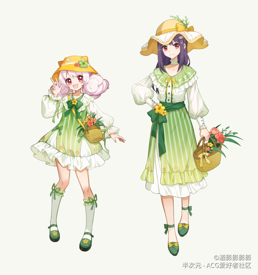 2girls :d absurdres animal_hat ankle_bow anklet bag basket bcy belt black_hair bow bowtie brown_bag bucket_hat cat_hat choker collar collarbone dress dress_bow fang floral_print flower footwear_bow footwear_flower frilled_choker frilled_collar frilled_dress frilled_socks frills full_body green_background green_belt green_bow green_bowtie green_dress green_flower green_footwear green_ribbon green_skirt hand_on_own_hip hand_up hat hat_bow hat_flower hat_leaf highres holding holding_basket jewelry jiuying kneehighs layered_skirt long_hair long_skirt long_sleeves looking_at_viewer low_twintails mary_janes miao_jiujiu multiple_girls neck_ribbon puffy_long_sleeves puffy_sleeves red_eyes red_flower ribbon ribbon-trimmed_socks ruan_miemie see-through see-through_sleeves shirt shoes short_eyebrows shoulder_bag side_slit skin_fang skirt smile socks standing striped striped_skirt sun_hat twintails v-neck vertical-striped_skirt vertical_stripes w white_choker white_hair white_shirt white_socks yellow_bow yellow_flower yellow_headwear yellow_ribbon