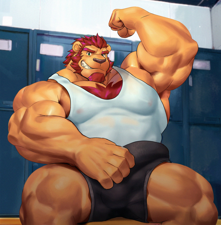 absurd_res anthro athletic barazoku bear beard biceps big_muscles body_hair bottomwear brown_nose brown_orange bulge chest_hair chest_tuft clothed clothing episode0006 facial_hair flexing fur goatee green_eyes hair hairy hi_res inside locker_room looking_at_viewer male mammal muscular muscular_anthro muscular_male muscular_thighs nipples nipples_visible_through_clothing orange_body orange_fur pecs red_hair serratus sharp_teeth shirt sideburns sitting smile solo tank_top teeth topwear triceps tuft