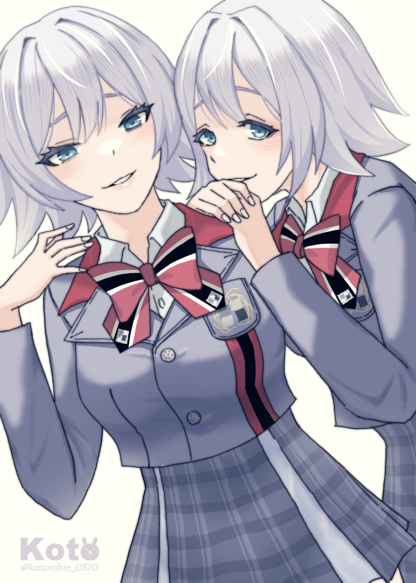 2girls absurdres black_bow black_bowtie blue_eyes bow bowtie collared_shirt cropped_jacket goddess_of_victory:_nikke grin high-waist_skirt highres i_(kotombre_0370) looking_at_viewer multicolored_bowtie multiple_girls red_bow red_bowtie school_uniform shirt short_hair siblings skirt smile twins twitter_username white_bow white_bowtie white_hair white_shirt
