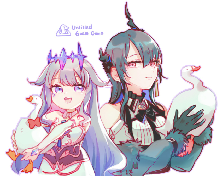 animal asterisk_(pmpalg_v) asymmetrical_horns bare_shoulders bird black_hair blue_hair chest_jewel colored_inner_hair crown crystal demon_horns detached_collar dress fur_trim gem goose grey_hair hair_ornament holding holding_animal hololive hololive_english horns jewel_under_eye koseki_bijou long_hair multicolored_hair multiple_girls nerissa_ravencroft open_mouth pink_hair purple_eyes red_eyes two-tone_hair uneven_horns untitled_goose_game virtual_youtuber white_background white_dress