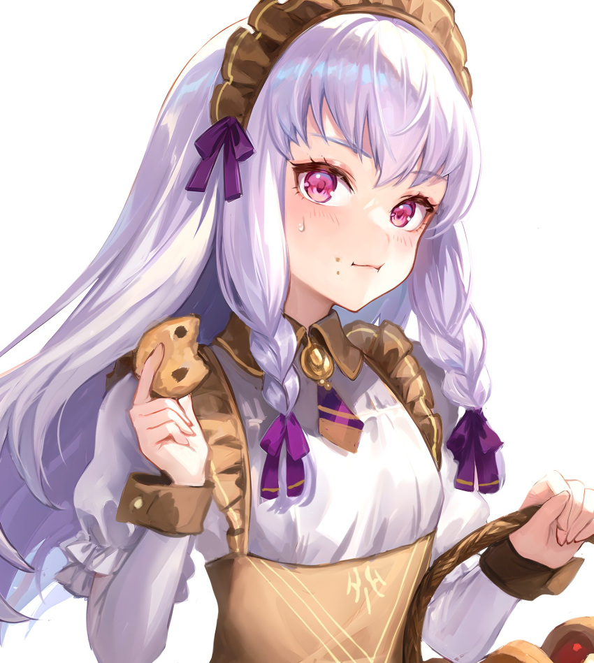 1girl basket blush commentary_request cookie dress eating fire_emblem fire_emblem:_three_houses fire_emblem_heroes food food_on_face highres holding holding_basket holding_food juliet_sleeves jurge long_hair long_sleeves looking_at_viewer lysithea_von_ordelia lysithea_von_ordelia_(tea_party) maid_headdress official_alternate_costume official_alternate_hairstyle picnic_basket pink_eyes puffy_sleeves simple_background solo white_background white_dress white_hair