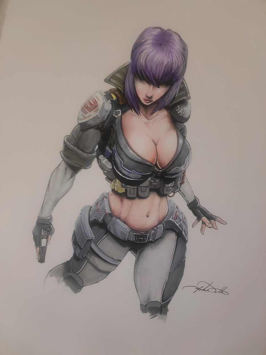 1girl belt breasts cleavage collar dillarddraws fingerless_gloves ghost_in_the_shell ghost_in_the_shell_stand_alone_complex gloves gun handgun highres holding holding_gun holding_weapon kusanagi_motoko navel signature solo thighs weapon white_background