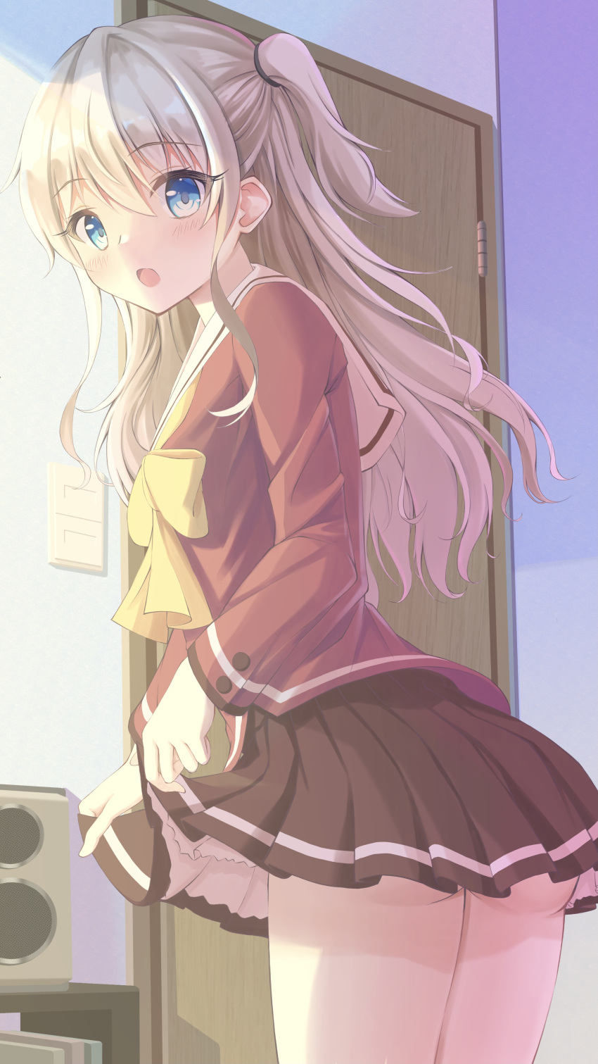 1girl :o absurdres ass blue_eyes blush bow brown_skirt charlotte_(anime) clothes_lift color_pro commentary_request commission cowboy_shot day door eyelashes eyes_visible_through_hair from_side grey_hair hair_between_eyes highres hoshinoumi_academy_school_uniform indoors lifted_by_self long_hair long_sleeves looking_at_viewer miniskirt open_mouth pleated_skirt red_shirt sailor_collar school_uniform shirt sidelighting sidelocks skeb_commission skirt skirt_lift solo standing tomori_nao two_side_up variant_set wavy_hair white_sailor_collar yellow_bow