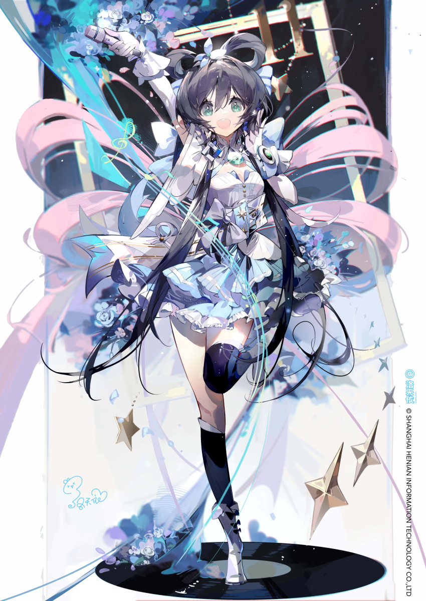absurdres birthday black_hair bouquet chinese_hairpin flower gloves green_eyes highres jewelry looking_at_viewer low_twintails luo_tianyi microphone picture_frame ribbon rose skirt smile standing standing_on_one_leg taiz22 thighhighs twintails vocaloid