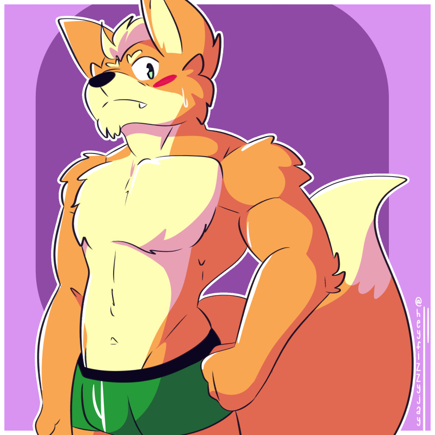 anthro blush canid canine clothed clothing digital_media_(artwork) fizzyjay fox fox_mccloud fur hi_res looking_at_viewer male mammal nintendo simple_background solo star_fox topless underwear underwear_only
