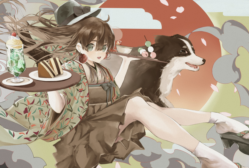 1girl absurdres ahoge bamboo_print bangs bow brown_hair brown_skirt cake cherry cloud commentary_request cup dango dog dog_request earrings floral_print flying food fruit glass green_eyes hair_lift hakama hakama_skirt hands_up haori hat hat_bow highres holding holding_plate ice ice_cream ice_cube japanese_clothes jewelry kimono knees_up leadin_the_sky long_hair looking_at_viewer obi open_mouth original plate red_sun sash short_sleeves skirt smile socks teacup wagashi whipped_cream white_socks