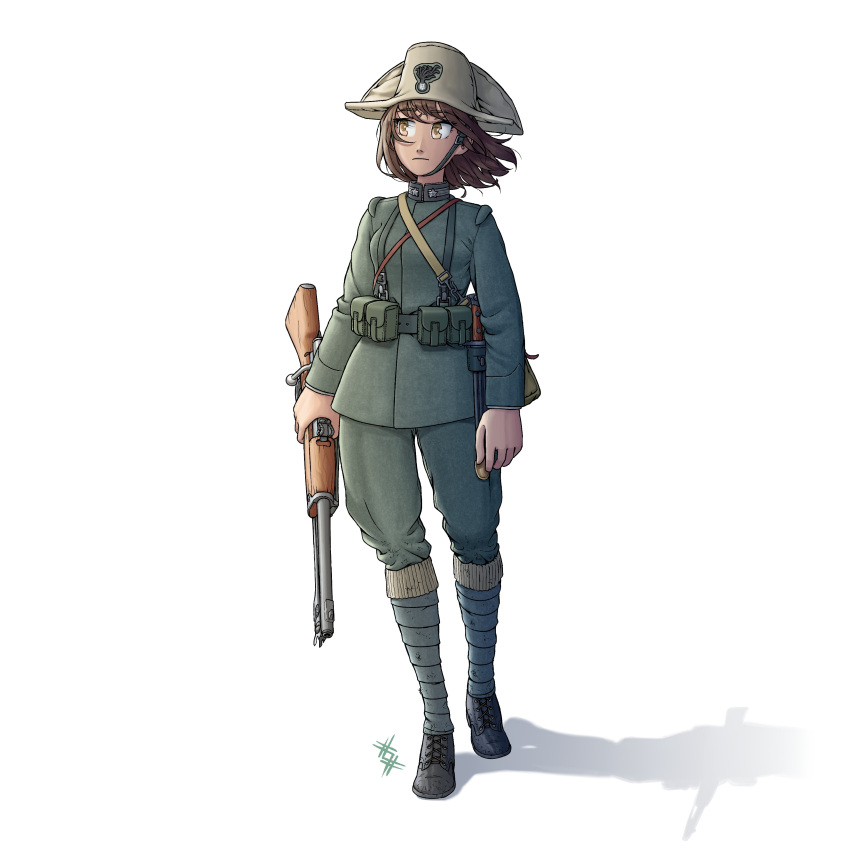 1girl absurdres ammunition_pouch ankle_wrap bayonet belt bicorne bolt_action boots brown_hair full_body gun hat highres holding holding_gun holding_weapon italian_army jacket leg_wrap long_sleeves looking_to_the_side medium_hair military military_uniform original ostwindprojekt pants pouch puttee rifle shadow simple_background soldier solo standing star_(symbol) strap uniform weapon white_background world_war_i yellow_eyes