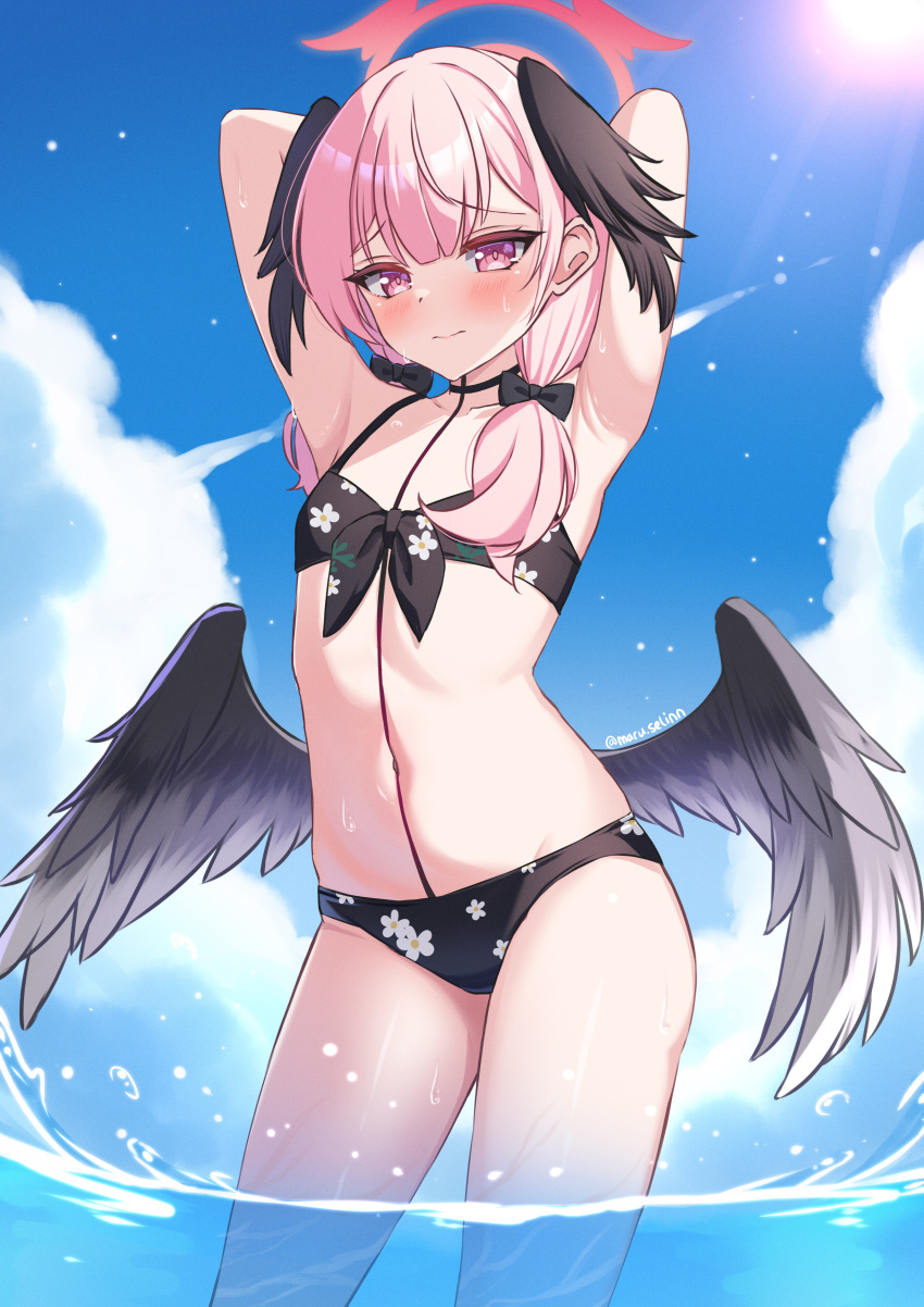 1girl absurdres angel_wings armpits arms_behind_head arms_up bare_shoulders bikini black_bikini black_bow black_wings blue_archive blue_sky blush bow breasts closed_mouth collarbone cowboy_shot day feathered_wings floral_print hair_bow halo head_wings highres koharu_(blue_archive) koharu_(swimsuit)_(blue_archive) long_hair looking_at_viewer low_twintails low_wings maru.selinn navel official_alternate_costume outdoors pink_eyes pink_hair print_bikini sky small_breasts solo standing stomach swimsuit twintails wading water wet wings