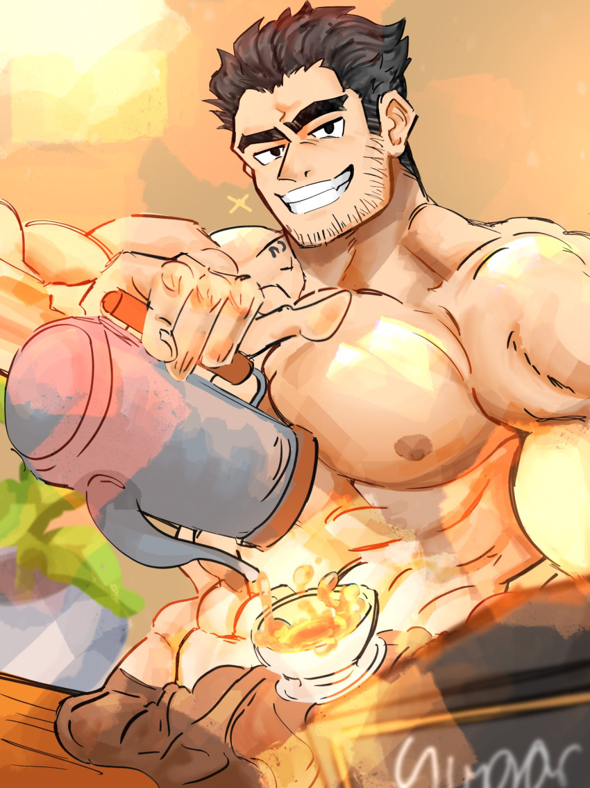 1boy abs apron bara barista beanbagdump beard_stubble black_hair brown_apron bulge convenient_censoring counter cup disposable_cup erection erection_under_clothes grin highres holding holding_teapot huge_eyebrows large_pectorals lucas_lee male_focus muscular muscular_male naked_apron nipples object_on_bulge pectorals pouring scott_pilgrim_takes_off short_hair smile solo sparkle teacup teapot topless_male