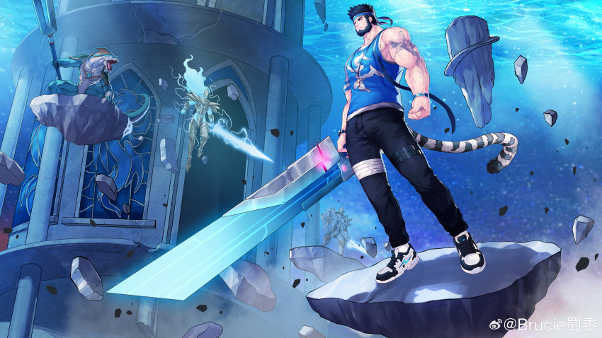 2boys 2others absurdres arm_tattoo bandaged_leg bandages bara bare_arms battle beard black_hair blue_headband blue_shirt brucie_(infighter821) cross cross_necklace dungeon_and_fighter facial_hair fantasy floating_rock from_below full_body headband highres jewelry leg_belt male_focus mature_male mechanical_sword monster multiple_boys multiple_others muscular muscular_male necklace pectorals serious shirt shoes short_hair sidepec sleeveless sleeveless_shirt sneakers solo_focus tail tattoo tiger_tail
