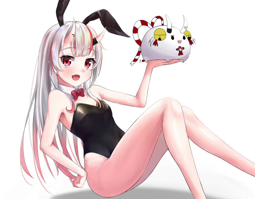 1girl :d animal_ears bare_arms bare_legs bare_shoulders black_leotard blush bow bowtie colored_tips creature detached_collar fake_animal_ears fang flat_chest hand_on_own_hip holding holding_creature hololive horns kakinotane_e leotard looking_at_viewer multicolored_hair nakiri_ayame oni_horns playboy_bunny poyoyo_(nakiri_ayame) rabbit_ears red_bow red_bowtie red_eyes red_hair simple_background sitting skin-covered_horns skin_fang smile solo streaked_hair virtual_youtuber white_background white_hair