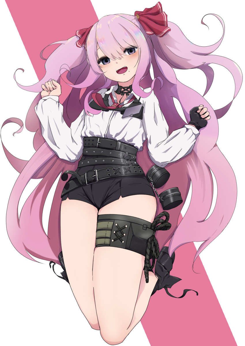 1girl :d absurdres arms_up belt black_belt black_choker black_gloves black_shorts breasts choker clenched_hands collared_shirt fingerless_gloves gloves goddess_of_victory:_nikke hair_ribbon high-waist_shorts highres jumping light_blush long_hair looking_at_viewer mole mole_under_mouth necktie open_mouth pink_hair purple_eyes rakugakijunkie red_necktie red_ribbon ribbon shirt shirt_tucked_in short_necktie shorts sidelocks single_glove small_breasts smile solo thigh_strap thighs very_long_hair whip white_shirt yuni_(nikke)