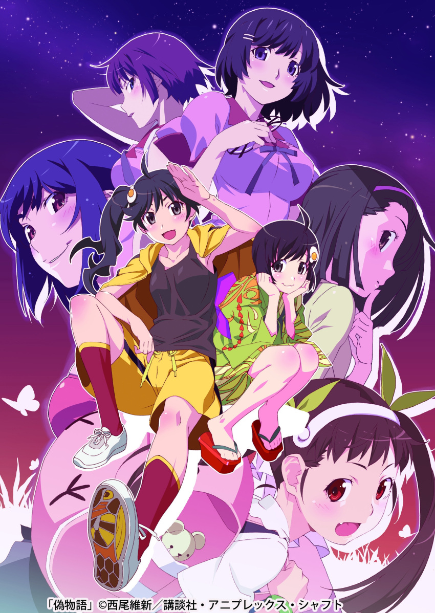 6+girls absurdres araragi_karen araragi_tsukihi backpack bag bakemonogatari black_hair brown_eyes brown_hair hachikuji_mayoi hanekawa_tsubasa highres japanese_clothes monogatari_(series) multiple_girls nisemonogatari purple_eyes purple_hair red_eyes school_uniform sengoku_nadeko senjougahara_hitagi watanabe_akio