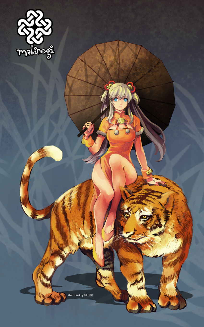 1girl animal artist_name bell blue_eyes breasts brown_umbrella cleavage cleavage_cutout clothing_cutout copyright_name dress fur-trimmed_sleeves fur_trim grey_hair hair_bell hair_between_eyes hair_ornament highres imari jingle_bell mabinogi medium_breasts nao_(mabinogi) oil-paper_umbrella orange_dress orange_footwear orange_wristband over_shoulder pelvic_curtain riding riding_animal shadow shoes short_sleeves side_slit solo tiger twintails umbrella wristband