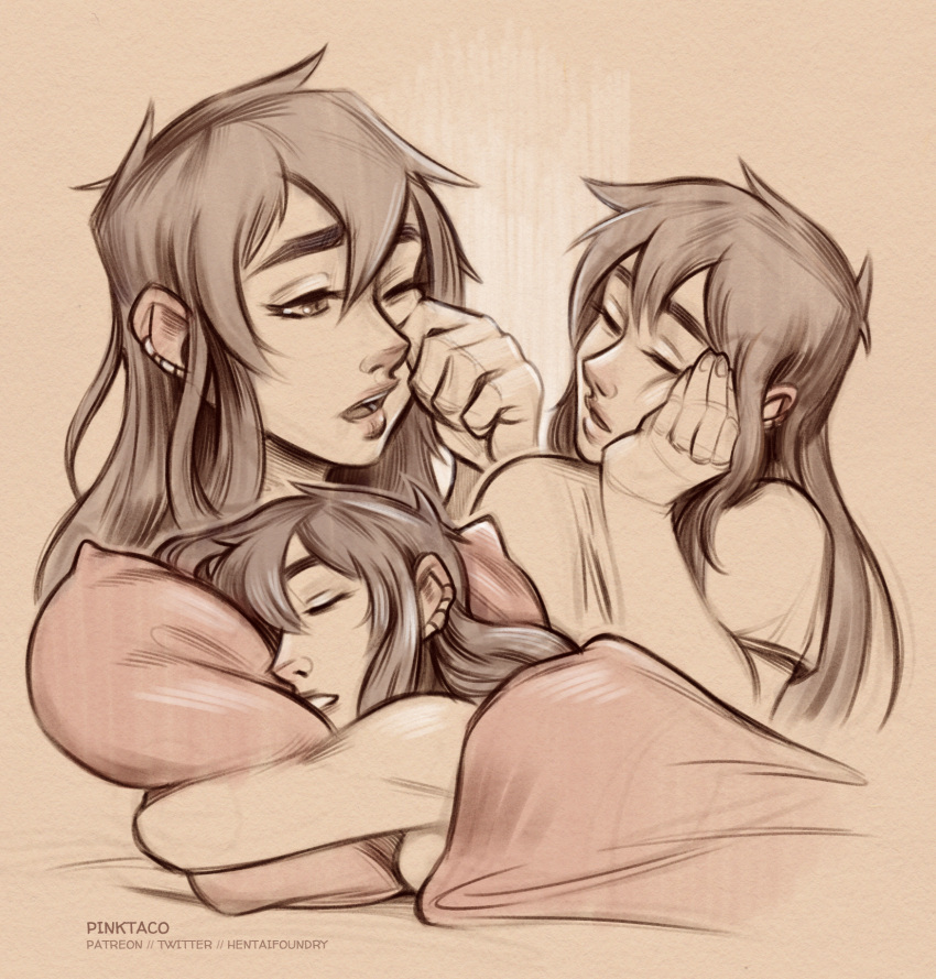 1girl blanket breasts commission dang_(runescape) earrings expressions hand_on_own_face highres jewelry long_hair messy_hair original pillow pink_blanket pinktaco runescape second-party_source shirt sketch sleeping sleepy solo t-shirt thick_eyebrows