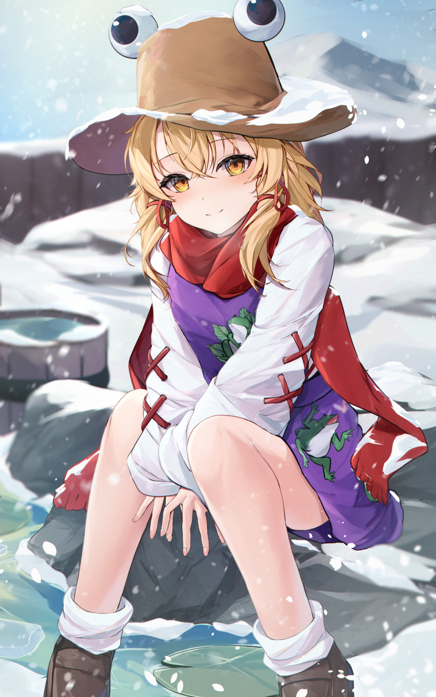 1girl absurdres animal_print ass black_footwear blonde_hair blush closed_mouth commentary english_commentary frog_print hair_between_eyes highres long_hair long_sleeves looking_at_viewer moriya_suwako orchid_(orukido) purple_skirt purple_vest red_scarf rock scarf shirt shoes sitting skirt smile snow socks solo touhou vest white_shirt white_socks wide_sleeves yellow_eyes