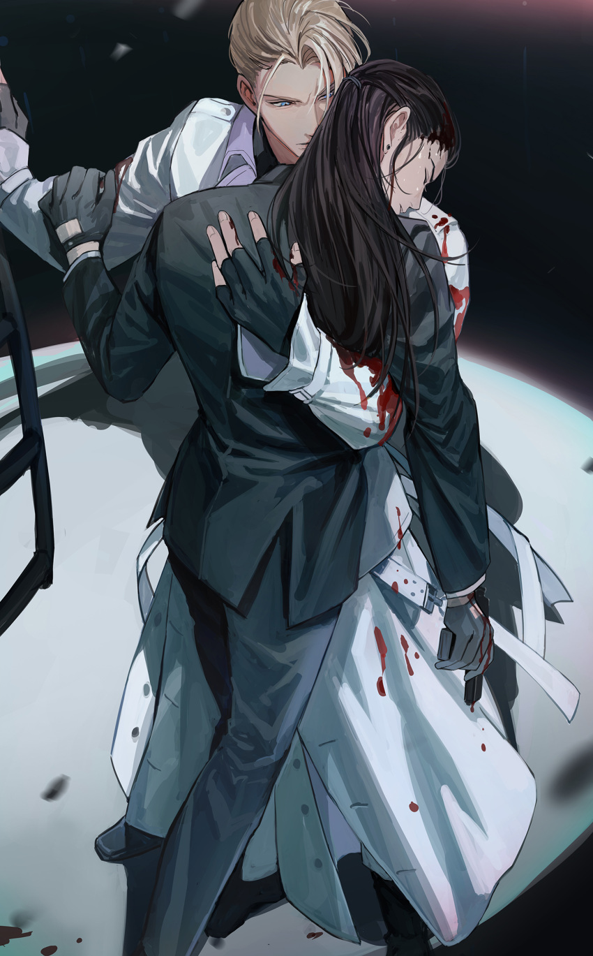 2boys arm_around_back black_gloves black_hair black_jacket black_pants black_suit blonde_hair blood blood_on_clothes blue_eyes closed_eyes coat earrings final_fantasy final_fantasy_vii final_fantasy_vii_remake fingerless_gloves from_above gloves gun hair_pulled_back hair_slicked_back hand_on_another's_arm handgun highres holding holding_gun holding_weapon injury jacket jewelry long_coat long_hair long_sleeves male_focus multiple_boys pants parted_bangs parted_lips rufus_shinra shirt short_hair shou_rou suit suit_jacket sweat tseng weapon white_coat white_shirt yaoi