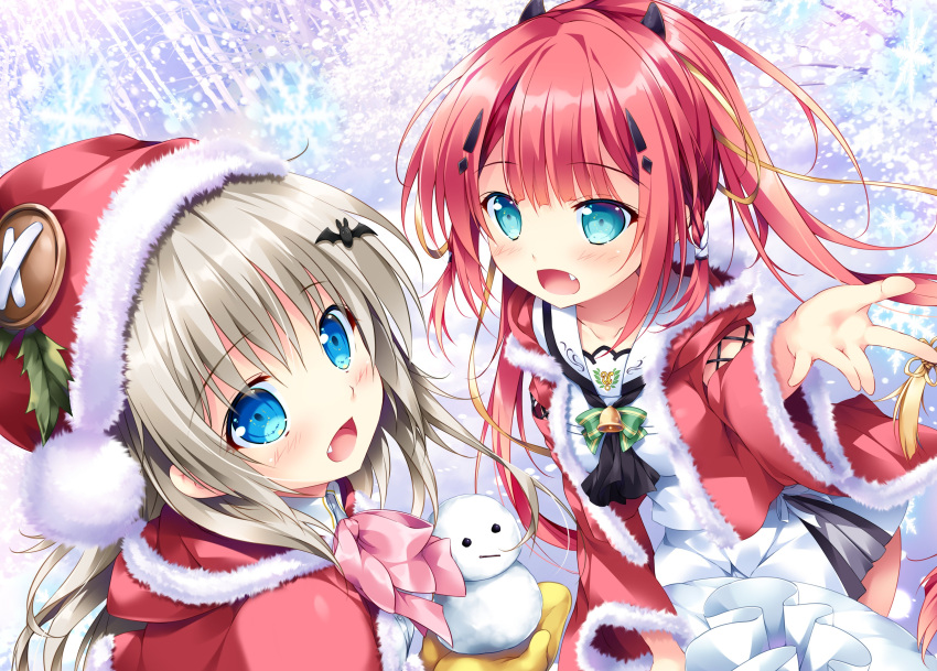 2girls :d \||/ absurdres aqua_eyes arm_at_side ascot bat_hair_ornament bell black_ascot blue_eyes blunt_bangs blush bow capelet commentary_request company_connection cowboy_shot crossover eyelashes eyes_visible_through_hair fang fur-trimmed_capelet fur-trimmed_sleeves fur_trim gloves green_bow grey_hair hair_between_eyes hair_ornament hair_ribbon hairclip hand_up hat head_tilt highres jingle_bell kamiyama_shiki key_(company) kud_wafter leaf_hat_ornament little_busters! long_hair long_sleeves looking_at_viewer mikeou miniskirt mittens multiple_girls noumi_kudryavka open_mouth outdoors pink_bow ponytail reaching reaching_towards_viewer red_hair ribbon sailor_collar santa_capelet santa_hat school_uniform second-party_source skirt smile snowflakes snowing snowman summer_pockets upper_body very_long_hair white_fur white_sailor_collar white_skirt wide_sleeves winter yellow_gloves yellow_ribbon