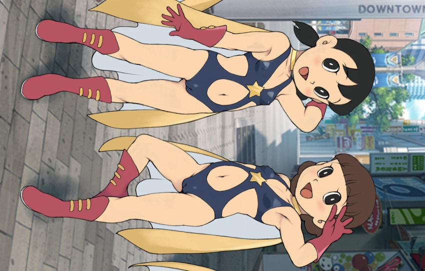 2girls arm_up armpits black_eyes black_hair black_leotard bob_cut boots brown_hair city cloak cosplay doraemon exif_rotation fujiko_f_fujio_(style) highleg highleg_leotard highres leotard looking_at_viewer minamoto_shizuka multiple_girls navel non-web_source red_footwear short_hair smile standing standing_on_one_leg tachibana_(doraemon) yellow_cloak