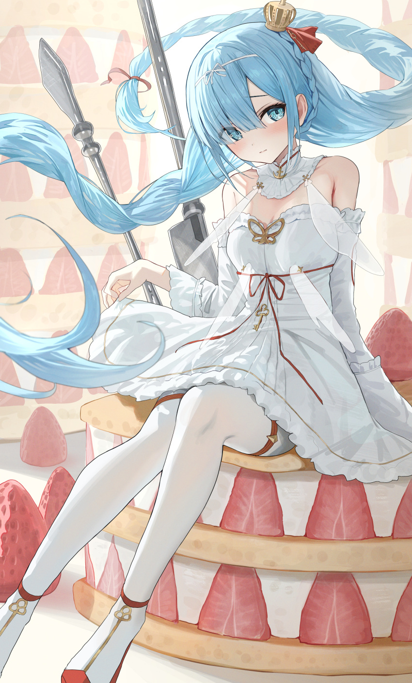 1girl absurdres anchor_ornament azur_lane bare_shoulders blue_eyes blue_hair bow braid butterfly_ornament cake clothes_lift commentary_request crown detached_collar dress dress_lift floating_hair food french_braid fruit hair_over_one_eye hair_ribbon hidulume highres janus_(azur_lane) key long_hair looking_at_viewer mini_crown pantyhose red_bow red_footwear red_ribbon ribbon sitting_on_food solo strawberry strawberry_shortcake thigh_strap twintails very_long_hair white_dress white_pantyhose