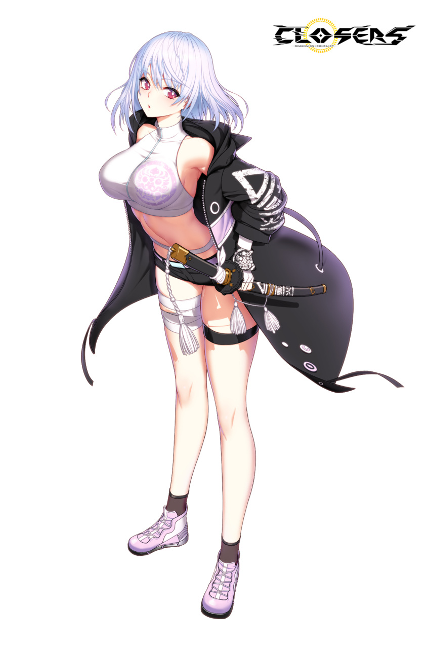 1girl armpits bandages bare_shoulders belt black_jacket black_shorts black_socks breasts bright_pupils closers collarbone crop_top fingerless_gloves full_body gloves highres holding holding_sword holding_weapon jacket katana large_breasts long_sleeves looking_at_viewer micro_shorts midriff mirae_(closers) navel non-web_source off_shoulder official_art open_clothes open_jacket parted_lips purple_footwear red_eyes sheath sheathed shirt shoes short_hair shorts skindentation sleeveless sleeveless_shirt sleeveless_turtleneck socks solo standing stomach sword tassel thigh_strap thighs turtleneck weapon white_gloves white_hair white_shirt