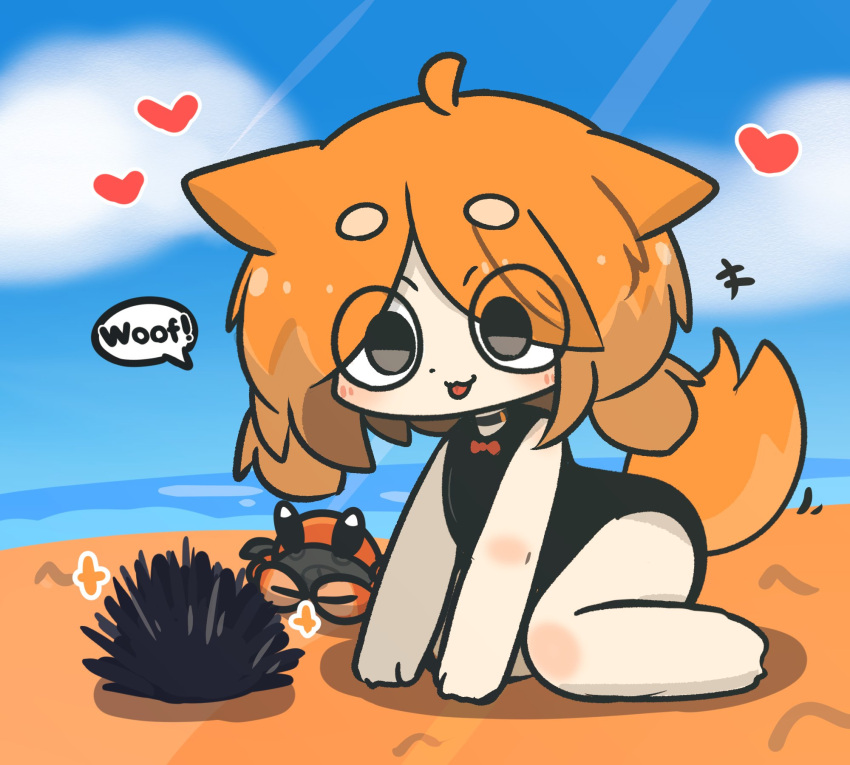+++ 1girl ahoge animal animal_ears bare_arms bare_legs bare_shoulders barefoot black_one-piece_swimsuit blue_sky blush chibi closed_mouth cloud commentary_request crab day dog_ears dog_girl dog_tail full_body grey_eyes heart highres horizon ocean one-piece_swimsuit orange_hair original outdoors parted_bangs sea_urchin short_eyebrows sky solo swimsuit tail thick_eyebrows tongue tongue_out uni_souchou water