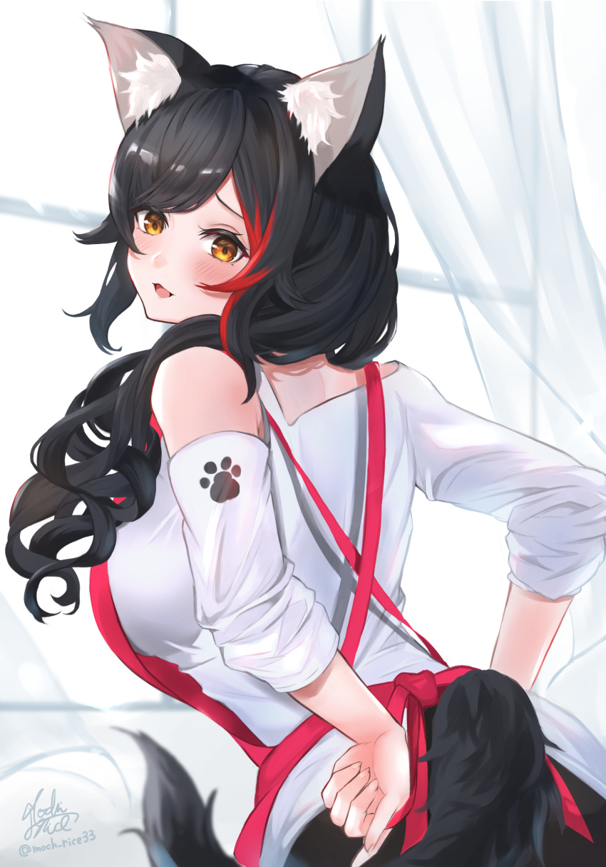 1girl animal_ear_fluff animal_ears apron black_hair blush hair_over_shoulder highres hololive long_hair looking_back mochi_rice_(mochi_rice33) multicolored_hair off-shoulder_shirt off_shoulder ookami_mio ookami_mio_(3rd_costume) orange_eyes paw_print shirt signature solo streaked_hair tail twitter_username virtual_youtuber wolf_ears wolf_girl wolf_tail