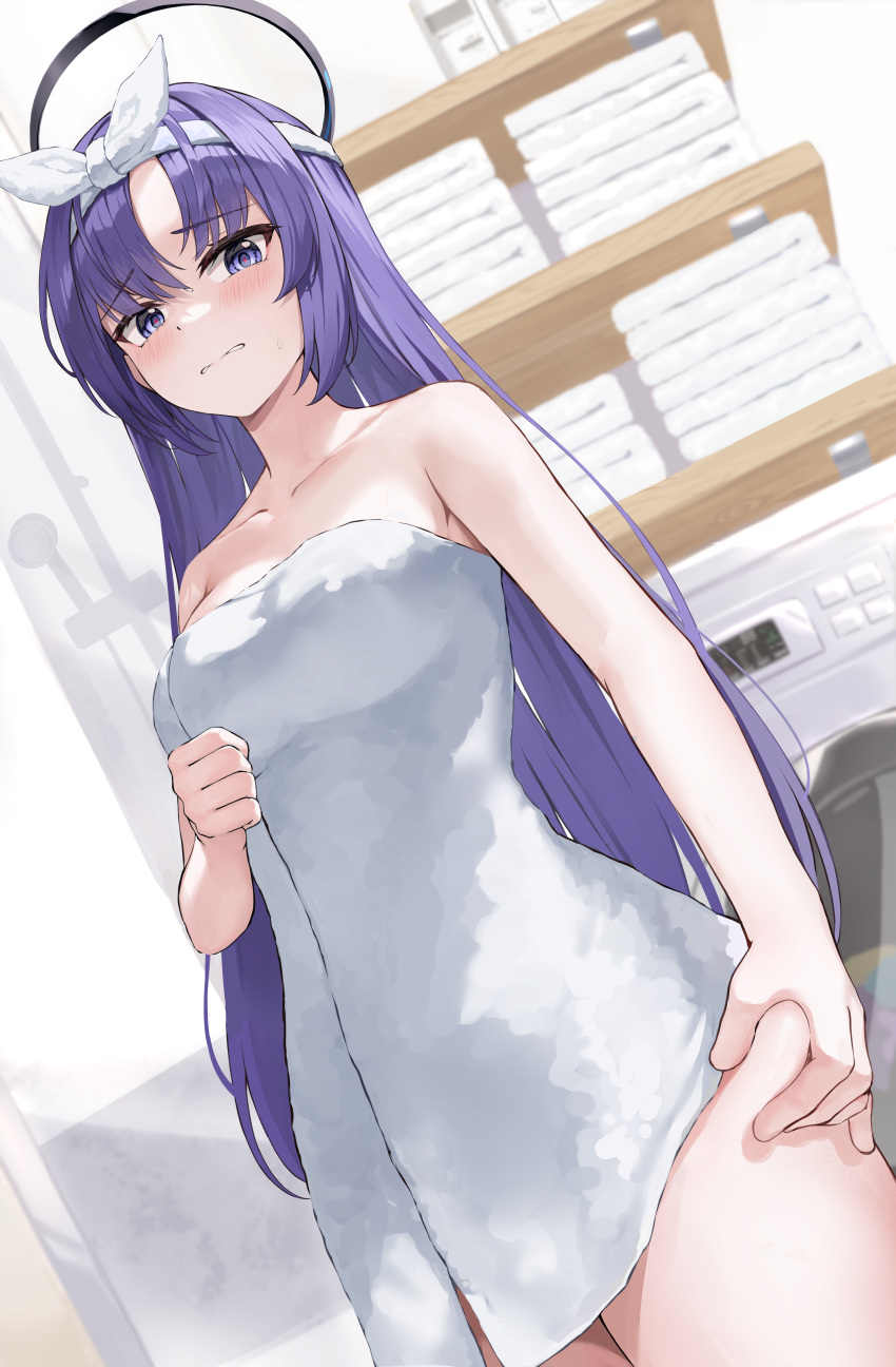 1girl absurdres bare_shoulders black_halo blue_archive blush breasts cleavage collarbone hair_down hairband halo highres indoors kurone_(kurone_ryuo) looking_at_viewer medium_breasts naked_towel parted_lips purple_hair solo standing thighs towel weight_conscious white_hairband yuuka_(blue_archive)