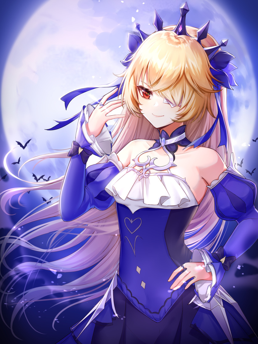 1girl absurdres armpits blonde_hair collarbone commentary_request detached_collar detached_sleeves dress eyepatch fischl_(ein_immernachtstraum)_(genshin_impact) fischl_(genshin_impact) frilled_dress frills genshin_impact hair_down hair_over_one_eye hair_ribbon highres hip jewelry long_bangs long_hair long_sleeves looking_at_viewer neck_ring official_alternate_costume official_alternate_hairstyle red_eyes ribbon sidelocks simple_background smile solo tiara zx961219