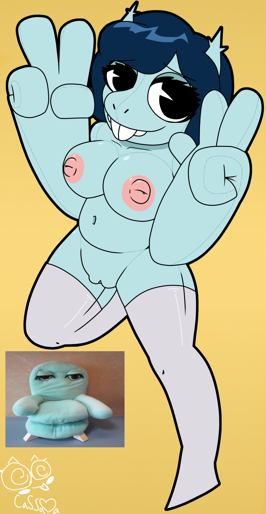 2023 absurd_res animate_inanimate anthro anthrofied blue_body blue_hair breasts buckteeth cassava chairry clothing female furniture genitals gesture hair hi_res legwear mostly_nude navel nipples on_one_leg pee_wee's_playhouse pie_cut_eyes pussy seam_(sewing) signature simple_background smile smiling_at_viewer sofa solo standing stockings teeth v_sign yellow_background