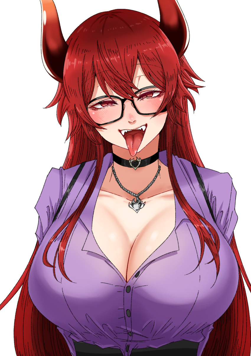 1girl black_choker blush breasts choker cleavage dola_(nijisanji) dragon_girl dragon_horns fangs glasses gradient_horns hair_between_eyes head_tilt heart_pendant highres horns huge_breasts jewelry long_hair looking_at_viewer multicolored_horns nijisanji official_alternate_costume open_mouth partially_unbuttoned pendant purple_shirt red_eyes red_hair sei_no_ji shirt simple_background smile solo tongue tongue_out upper_body virtual_youtuber white_background