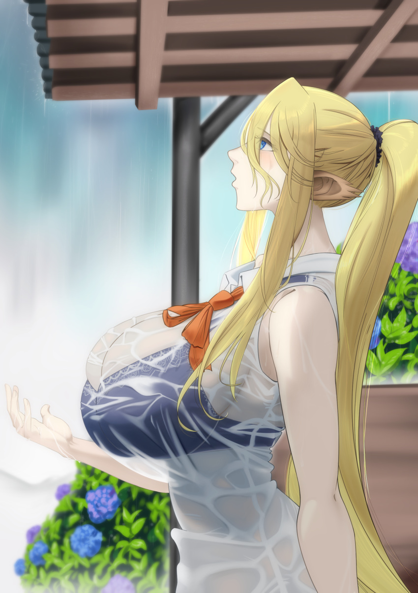 1girl absurdres animal_ears bare_shoulders blonde_hair blue_bra blue_eyes bra breasts bus_stop centorea_shianus collared_shirt commentary_request cowboy_shot flower hair_between_eyes highres horse_ears huge_breasts hydrangea imaani long_hair looking_up monster_girl monster_musume_no_iru_nichijou neck_ribbon open_mouth outdoors pointy_ears ponytail profile rain red_ribbon ribbon see-through see-through_shirt shirt sidelocks sleeveless sleeveless_shirt solo standing underwear very_long_hair wet wet_clothes wet_shirt